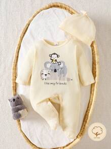 SHEIN Blauer minimalistischer Langarm-Overall mit Mütze für Säuglinge/Kleinkinder