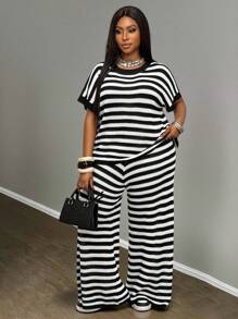 Slaydiva Autumn & Winter New Arrivals, Women Plus Size Sweater Set - Black and White - View 8