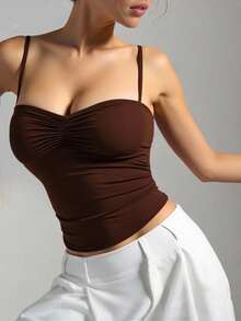 INAWLY Women's Summer Solid Color Ruched Slim Fit Cami Top - Coffee Brown - View 4