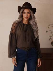 LanaWest Women's Mesh Embroidered Floral Pleated V-Neck Long Sleeve Blouse Top, Tie Neck Brown Top, Suitable For Western Style Fall Cloth For Women - Coffee Brown - View 7