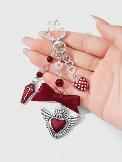 Grunge Punk 1 pièce Porte-clés et charm de sac Y2K créatif, doux et cool, mode vintage unique avec perle de résine rouge, croix goutte d'huile, nœud ruban, aile creuse, cœur. Convient pour les femmes, port quotidien, cadeau de vacances