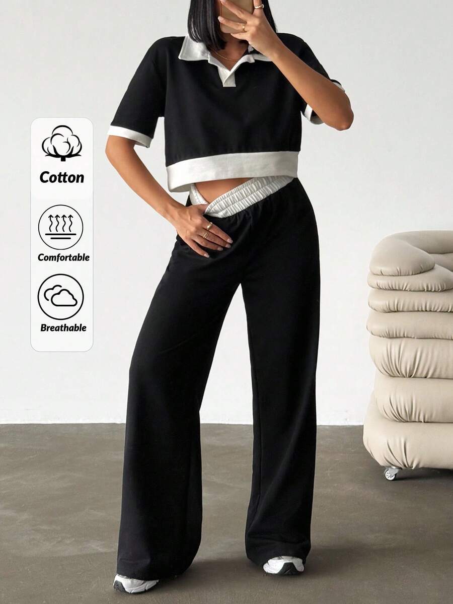EURMUSE Women Polo Neck Top Tshirt And Contrast Belt Detailed Pant Two Pieces Set Halloween Fall Halloween Plus Size - Black and White - View 1