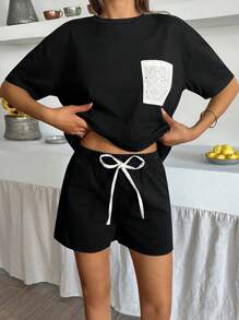 EURMUSE Quần Short Nữ Màu Trơn Thoải Mái Vừa Vặn Thường Ngày Tay Ngắn Thêu Phía Trước Túi Vá Và Eo Thun Dây Rút Ngắn Thường Ngày - màu đen - Xem 4