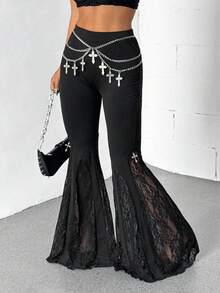 Coolane Quần ống loe ren đen Y2K phong cách Goth mùa thu hè mọi mùa dành cho nữ, trang phục Halloween Grunge, trang phục câu lạc bộ, trang phục dạ hội gợi cảm, đồng quê, buổi hòa nhạc - màu đen - Xem 2