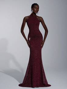 Elitara 优雅、浪漫、端庄、简约、酒红色、针织弹力面料、鱼尾下摆、拖尾、时尚、网红、节日、度假、生日派对、婚礼活动、伴娘礼服、舞会礼服、伴娘礼服 - 酒紅色 - 查看 6