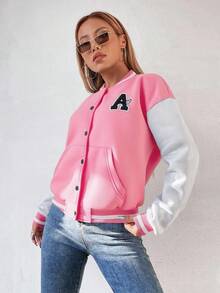 Flirla Chaqueta de estilo universitario de color contrastante para mujer, de manga larga - Rosa - Ver 6