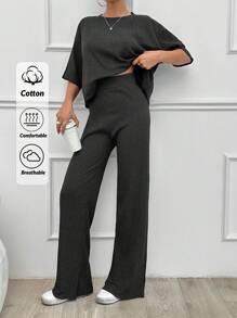 EURMUSE 纯棉简约夏季纯色宽松落肩短袖上衣和直筒裤