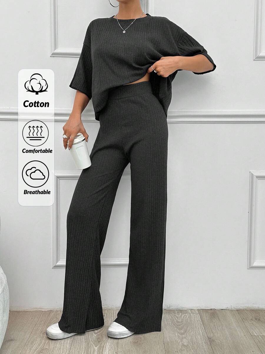 EURMUSE 纯棉简约夏季纯色宽松落肩短袖上衣和直筒裤