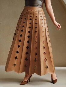 Anewsta Váy da PU màu nâu nhạt dáng rộng dáng chữ A cho nữ cỡ lớn mùa thu và đông phong cách cổ điển, thanh lịch, đơn giản, hiện đại và thời trang đi làm đi chơi đi làm - Cà phê nâu - Xem 1