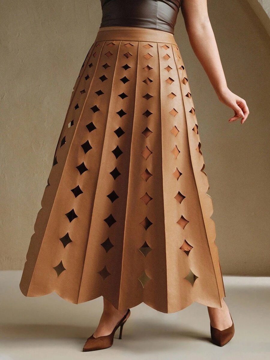 Anewsta Váy da PU màu nâu nhạt dáng rộng dáng chữ A cho nữ cỡ lớn mùa thu và đông phong cách cổ điển, thanh lịch, đơn giản, hiện đại và thời trang đi làm đi chơi đi làm - Cà phê nâu - Xem 1