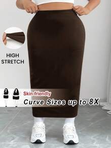 SHEIN CURVE+ 大码女式黑色针织弹力紧身及膝裙 - 棕色 - 查看 9