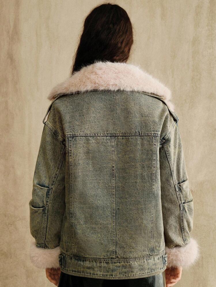 Women's Autumn/Winter Long Sleeve Patchwork Fluffy Casual Denim Jacket