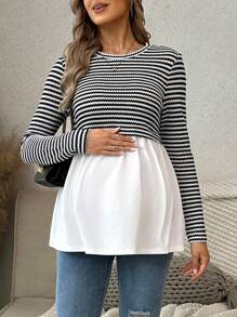 SHEIN Striped Contrast Color Casual Maternity Long Sleeve Round Neck T-Shirt - Black and White - View 1