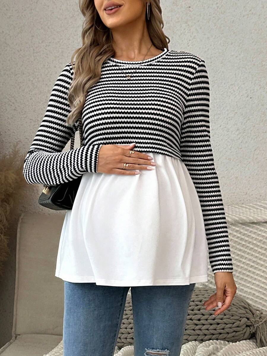 SHEIN Striped Contrast Color Casual Maternity Long Sleeve Round Neck T-Shirt - Black and White - View 1