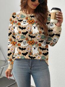 EMERY ROSE Apricot Ghost, Pumpkin, Bat Print Plus Size Halloween Raglan Sweatshirt Fall Cloth For Women Winter Autumn - Multicolor - View 5