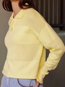 WESTFADE Mixed Stitch Collared Button Front Long Sleeve Cropped Polo Knit Sweater Cute Fall Autumn Clothes For Women Country Concert - Yellow - View 2