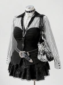 Sunspun 大码条纹撞色长袖修身休闲衬衫，适合上学、工作、优雅约会和聚会 - 黑色 - 查看 7