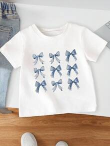 Baby Girls' Bowknot Printed Round Neck Short Sleeve Top