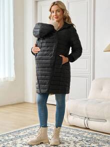 SHEIN Maternity Solid Color Long Sleeve Zip-Up 3-In-1 Hooded Jacket, Autumn/Winter - Black - View 5
