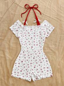 Soleia Women's Retro Red & White Ditsy Floral Lace Trim Splice Contrast Color Halter Jumpsuit With Cute Bow Decor, Ballerina Style Summer Top Summer Spring Valentine's Day Casual Vacation  Beach Wedding Birthday Going Out Elegant Casual Vacation Cute Romper Women Cotton Rompers For Women Women Summer Clothes Set Cherry Outfit Women Two Piece Set Women Short Sleeve - Multicolor - View 2