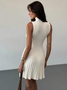Aloruh Minimalist Stand Collar Sleeveless A-Line Mini Ribbed Knit Dress For Women,Fall - White - View 3