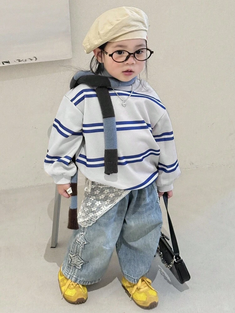 Toddler Girls' Round Neck Striped Loose Fit Long Sleeve Sweatshirt, Korean Style, Autumn/Winter