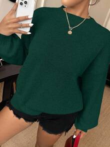 Elenzga 大码女式休闲宽松圆领长袖落肩套头毛衣，秋冬 - 墨綠色 - 查看 5