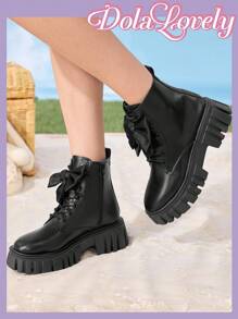 Dola Lovely 新款女式欧美风格靴子，前系带，侧拉链，蝴蝶结装饰，复古圆头，甜美酷炫，厚底，时尚踝靴 - 黑色 - 查看 4