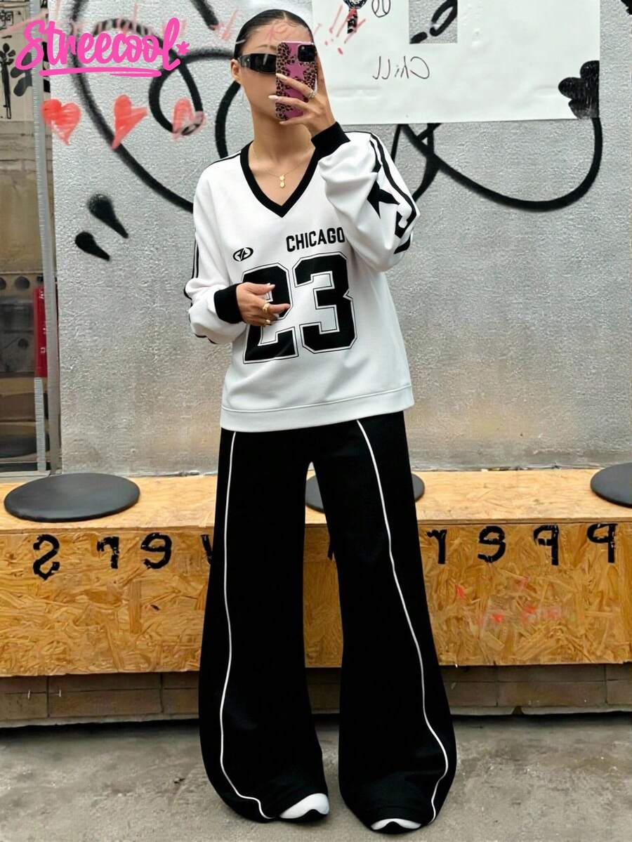 SHEIN Explorewe Streecool 儿童休闲校园少女印花拼接条纹长袖上衣和工装裤两件套