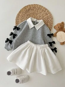 SHEIN Baby Mädchen süßer grauer Schleifen Sweatshirt & Mini Rock Set, Herbst/Winter