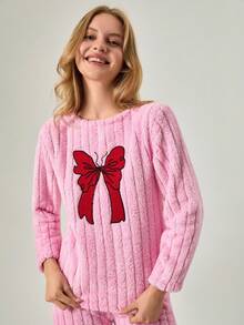 Loomlin 女士毛绒泰迪熊两件套蝴蝶结刺绣细节长袖衬衫和睡裤家居服睡衣套装 - 粉色 - 查看 4