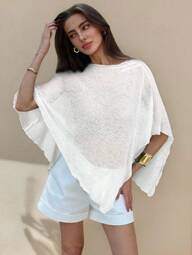 Aloruh New Fashionable Apricot Versatile Knitted Jacquard Hollow-Out One-Piece Halter Neck Shawl Collar Multiwear Vacation Style Lightweight Cover Up Shawl Top Going Out Tops For Women Summer Tops For Women White Top