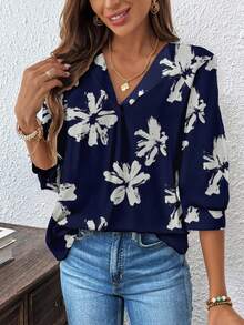 SHEIN LUNE Áo sơ mi họa tiết hoa thường ngày dành cho nữ, phù hợp mặc công sở vào mùa thu/đông - Màu xanh hải quân - Xem 4