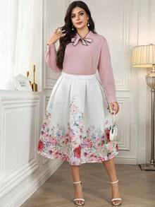 Ellevyn Multicolor Plus Size Woven Fabric Tie Neck Blouse And Plants Pattern Skirt Outfit - Multicolor - View 6