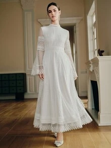 Anewsta Elegant & Gentle Embroidered Polka Dot Lace Patchwork Long Sleeve Stand Collar Party Dress, Vacation Style