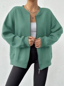 EURMUSE Solid Color Drop Shoulder Zip Up Long Sleeve Sweatshirt - Mint Green - View 4