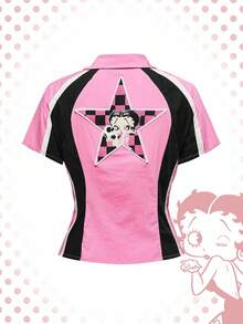 Betty Boop | ROMWE 女式拼色卡通人物图案拉链短袖衬衫 - 粉色 - 查看 2