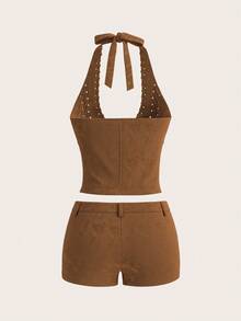 SHEIN ICON Women's Halter Crop Top And Low Waist Shorts Set Brown 2 Pieces Set, Fall Clothes, Concert Outfit - Brown - View 3