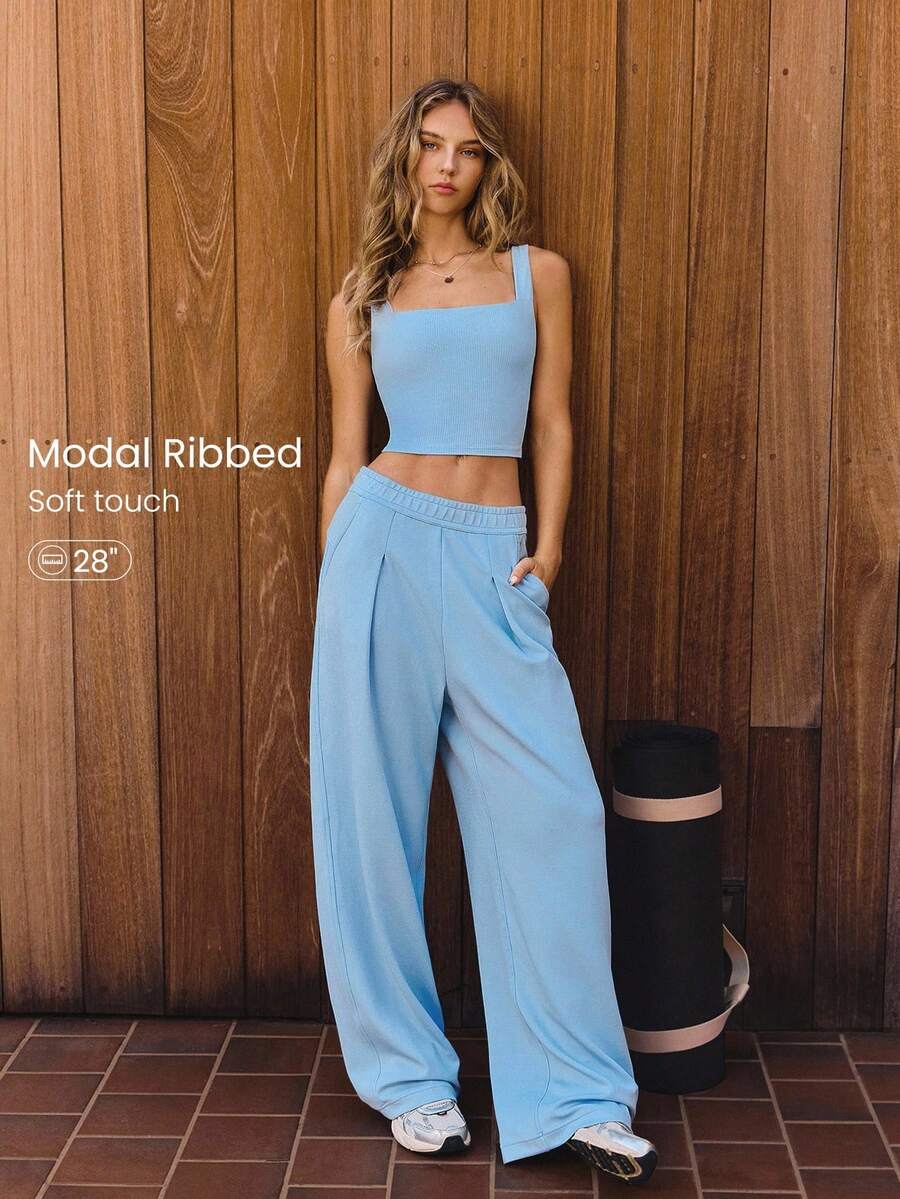 GLOWMODE Modal Ribbed Wide-Leg Built-In Adjustable Drawstring Waist Active Pants With Side Pockets Daily Casual Wear  Spring Summer - Baby Blue - View 1
