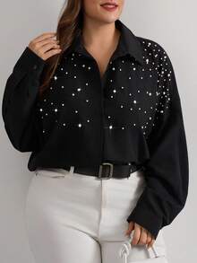 RueChic Cottnline Pearls Beaded Drop Shoulder Shirt - Black - View 5