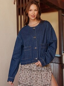 WESTFADE 圆领长袖纽扣前牛仔夹克 可爱秋季女式乡村音乐会夹克 - 深色水洗藍 - 查看 3