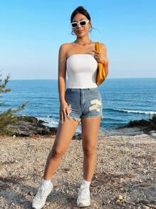 SHEIN EZwear 女士休闲纯色短款吊带背心，修身夏装 - 白色 - 查看 4