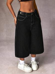 SHEIN EZwear 大码女式口袋宽松阔腿休闲百搭七分牛仔裤 - 黑色 - 查看 3