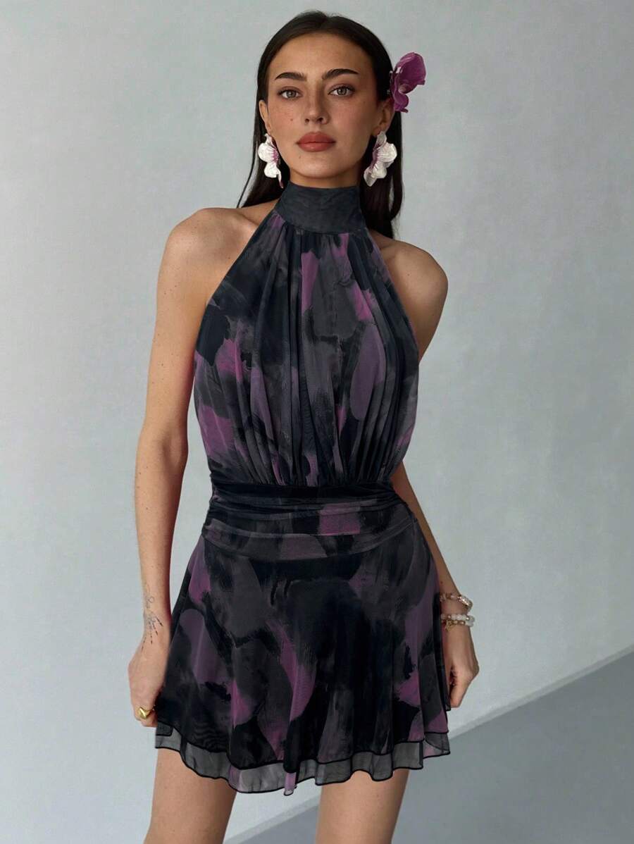 Aloruh Váy ngắn hở lưng không tay họa tiết cọ vẽ cổ tròn xuân/hè mới, viền xếp ly nhiều lớp, thích hợp cho ngày lễ, hẹn hò, trà chiều, nghỉ dưỡng, lễ hội âm nhạc, phong cách Boho - màu đen - Xem 1