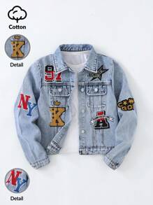 Coolqubz Tween Boy Casual Comfortable Vacation Fashion Street Cute Graffiti Embroidery Non-Stretch Long Sleeve Slim Fit Denim Jacket, Spring/Summer/Autumn. Fashionable Comfortable Daily Versatile Denim Jacket Fall Winter,Unisex - Light Wash - View 11