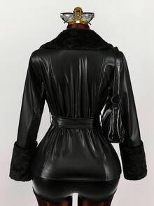 Amplova 纯色毛领拼接PU腰带PU夹克 - 黑色 - 查看 2