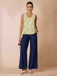 Shutterstock Glamance Women's Elegant Ruffled Sleeveless Loose Blouse, Spring/Summer Lemon Print Top Yellow Striped Top Ruffle Top Flowy Top - Yellow - View 3