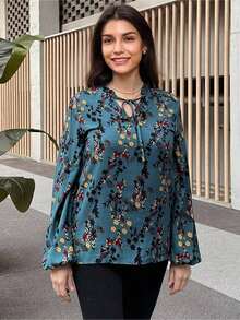 SHEIN LUNE 女士休闲碎花灯笼袖衬衫，秋季 - 墨綠色 - 查看 3