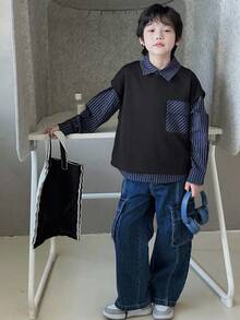 DAZY 秋季男童宽松休闲条纹衬衫和背心两件套