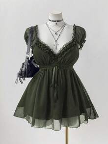 Sunspun Plus Size Elegant Solid Color Lace Trim Blouse, Summer - Dark Green - View 1